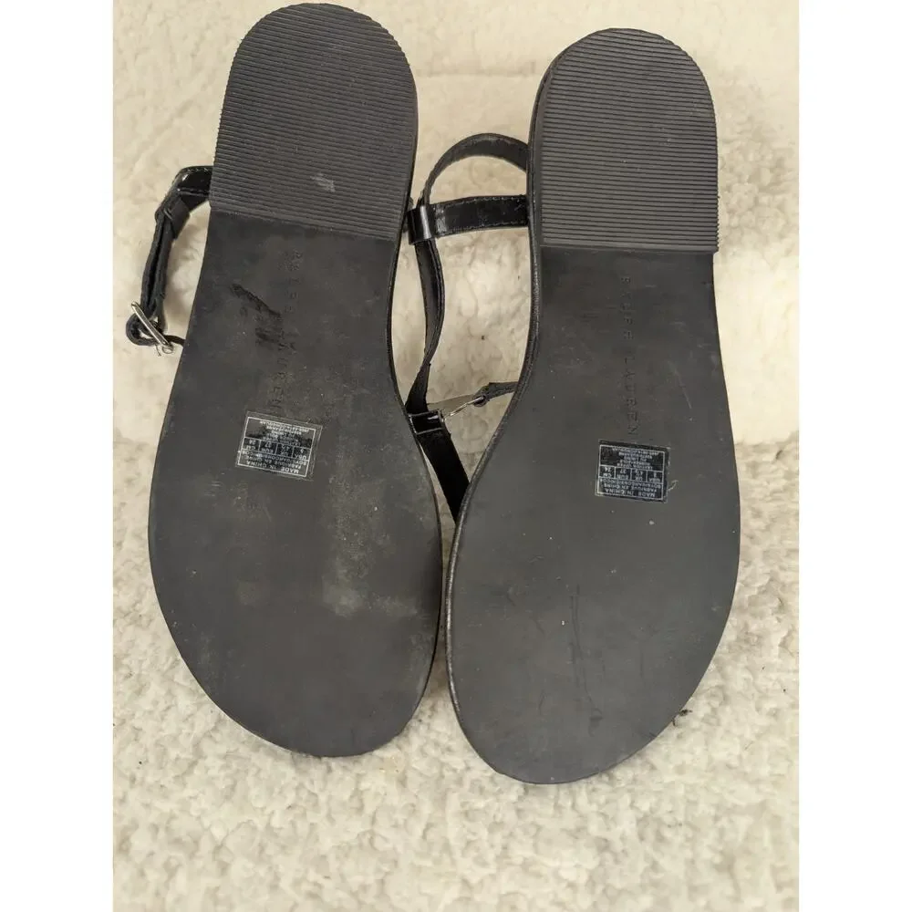 Ralph‎ Lauren Sueanne Sandals Boys 5 Black Excellent Silver RL Logo Thong Flat
